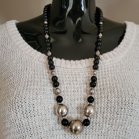 Sterling and Onyx Bead Necklace 30" long - Picture 1 of 4